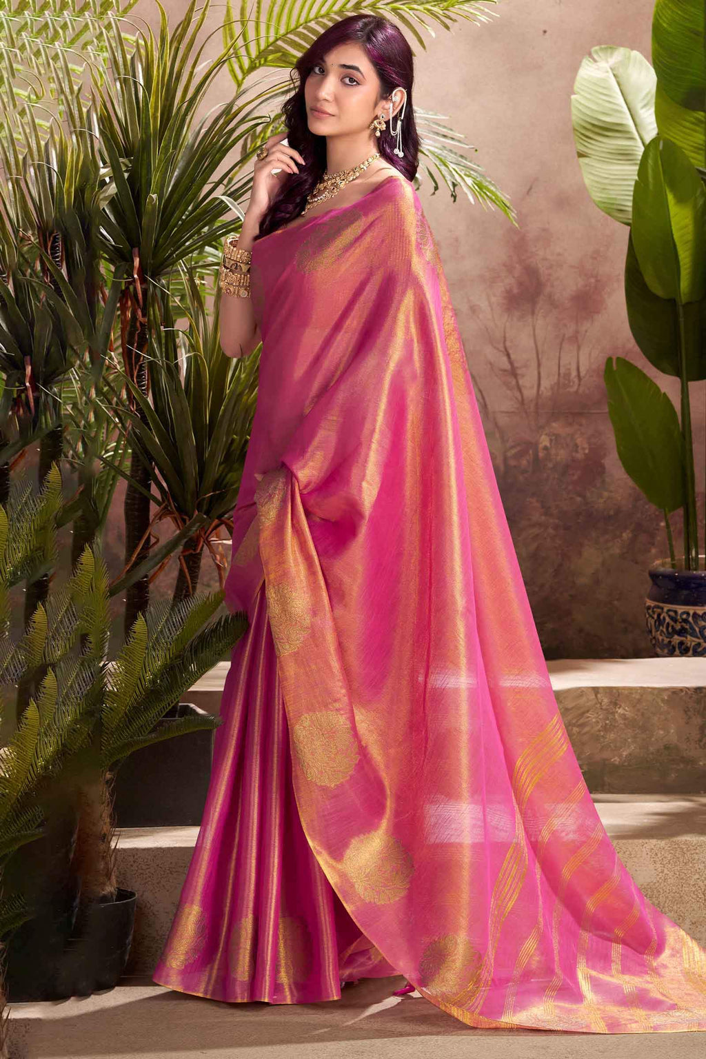 Rosy Pink Tissue Silk Saree