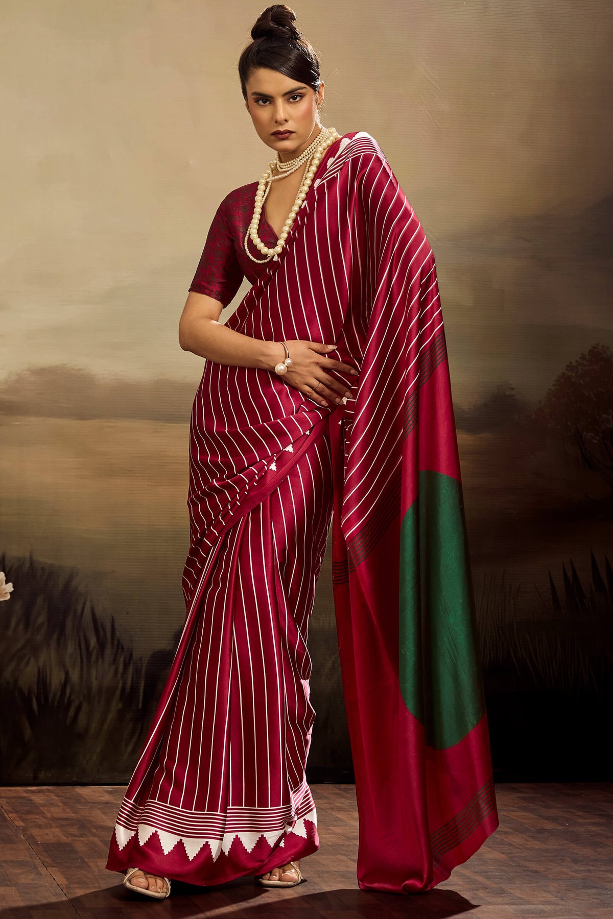 Royal Maroon Ajrakh Printed Satin Silk Saree