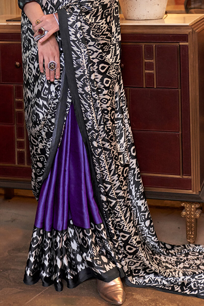 Royal Purple Patola Printed Satin Crepe Silk Saree