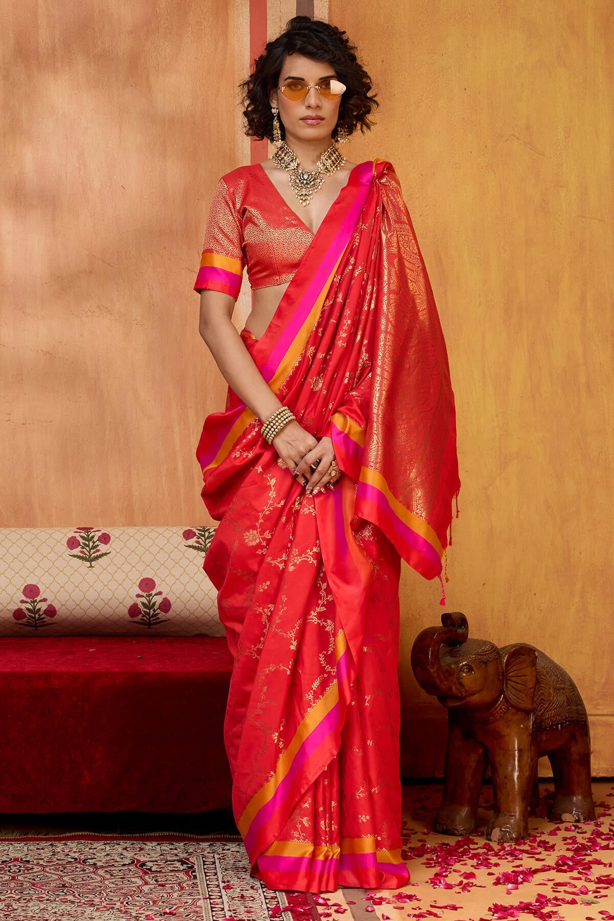 Ruby Red Zari Woven Soft Banarasi Silk Saree