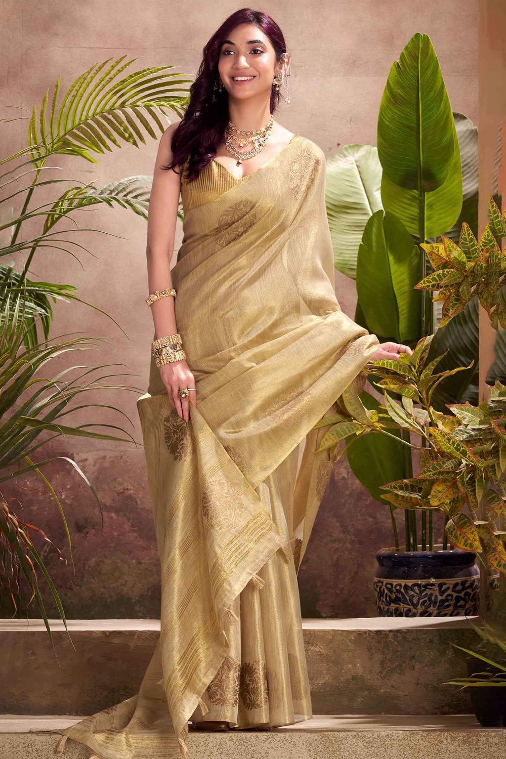 Rustic Beige Tissue Silk Saree