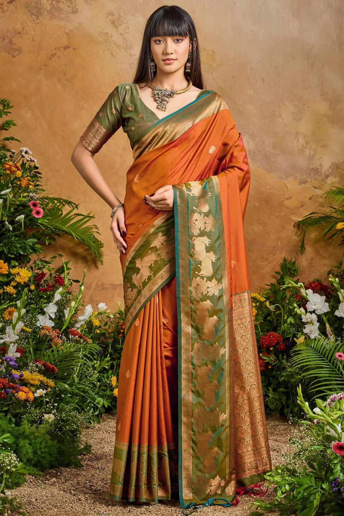 Rusty Orange Banarasi Pichwai Silk Saree