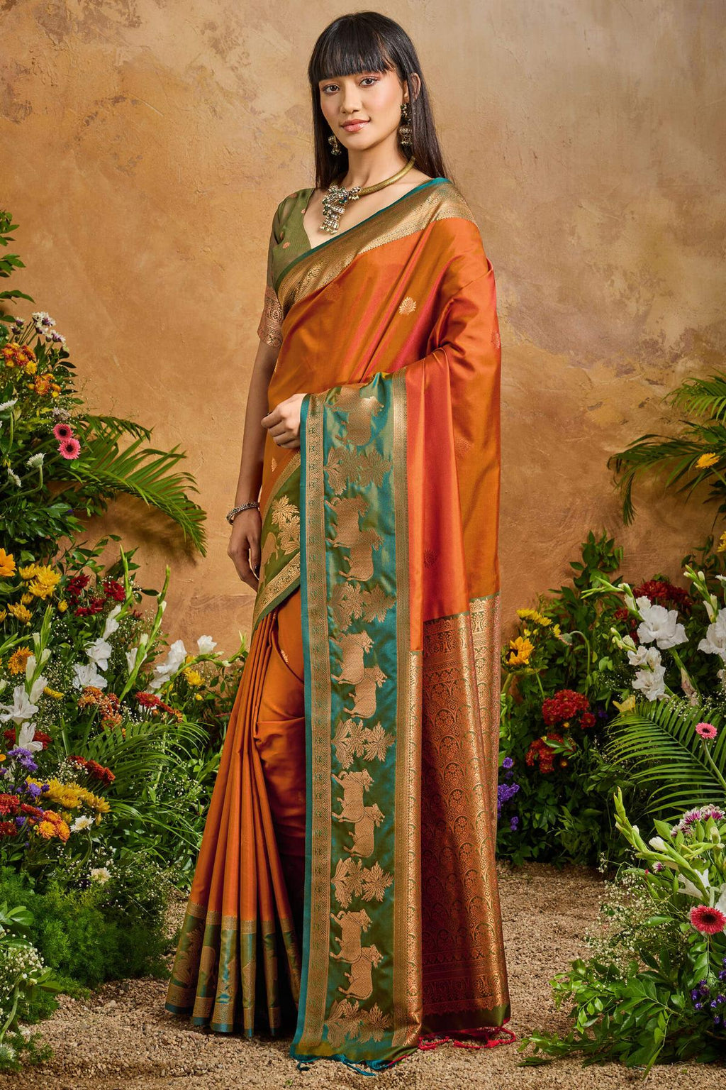 Rusty Orange Banarasi Pichwai Silk Saree