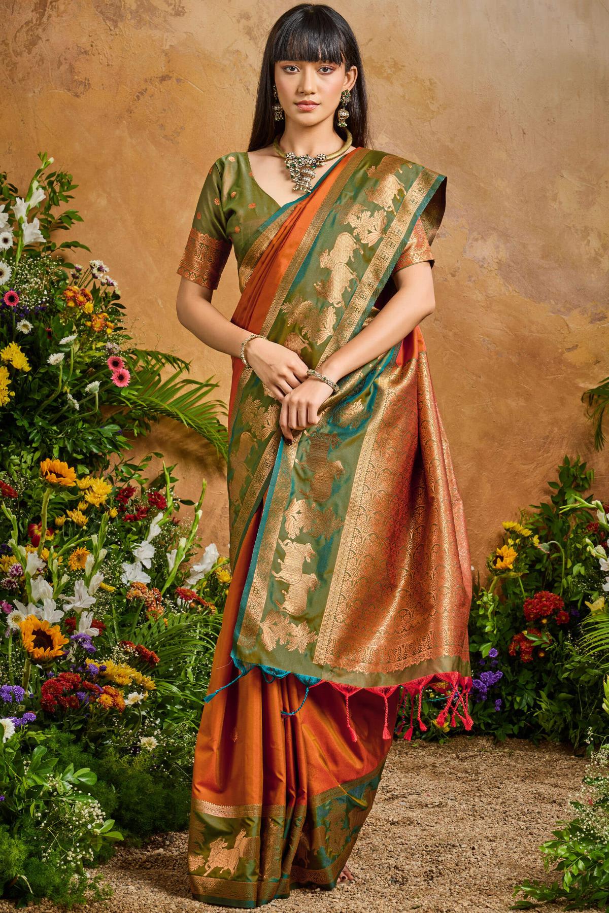 Rusty Orange Banarasi Pichwai Silk Saree
