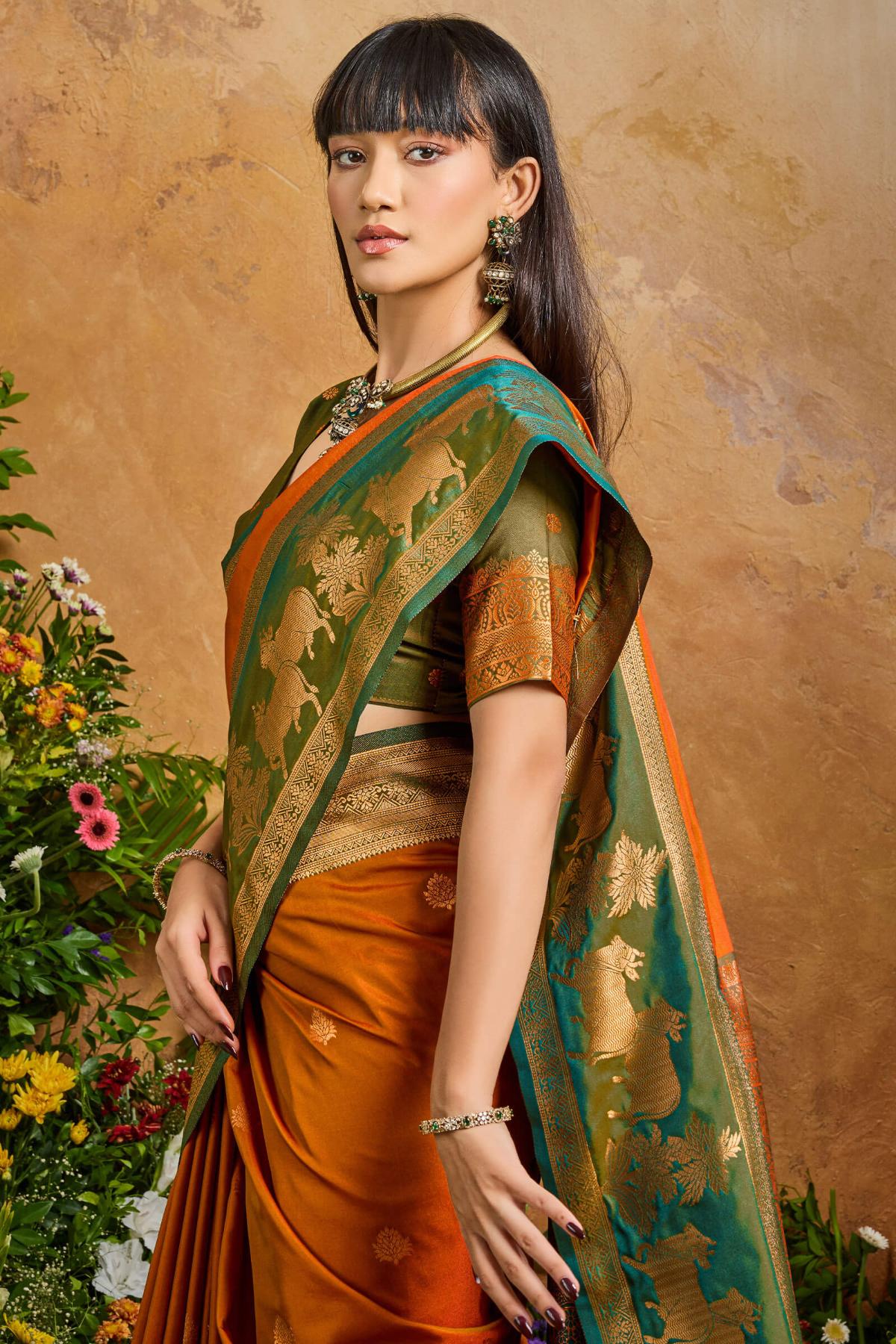Rusty Orange Banarasi Pichwai Silk Saree
