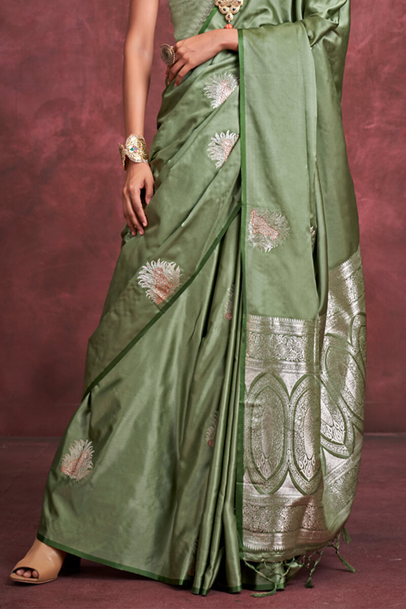 Sage Green Banarasi Satin Silk Saree