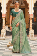 Sage Green Embroidery Work Tissue Silk Saree