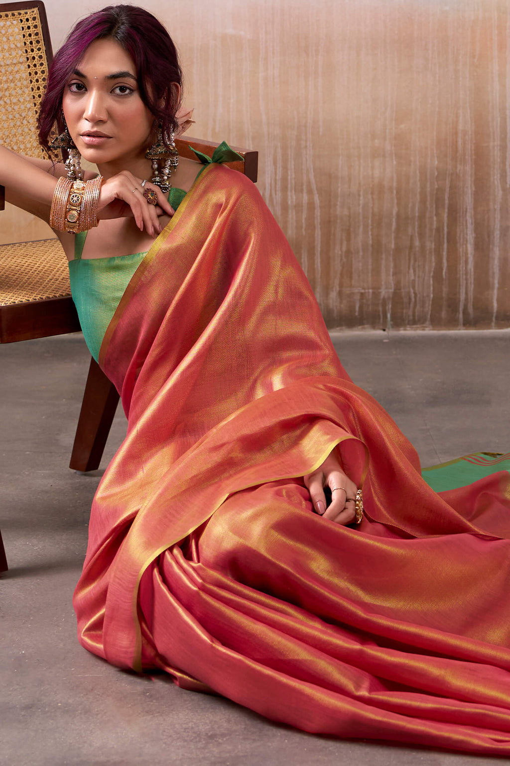 Salmon Pink Tissue Silk Saree