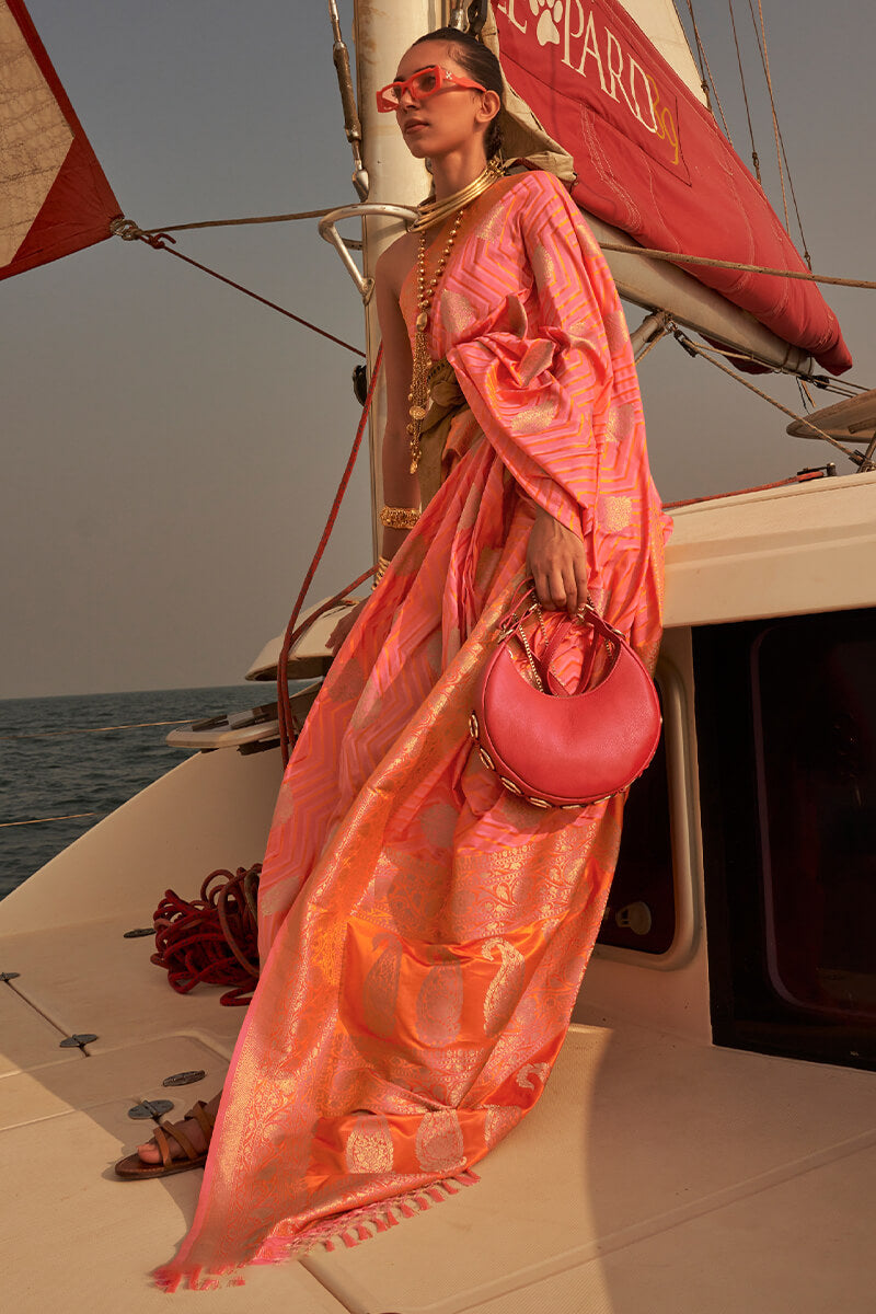 Salmon Pink Two Tone Banarasi Satin Silk Saree