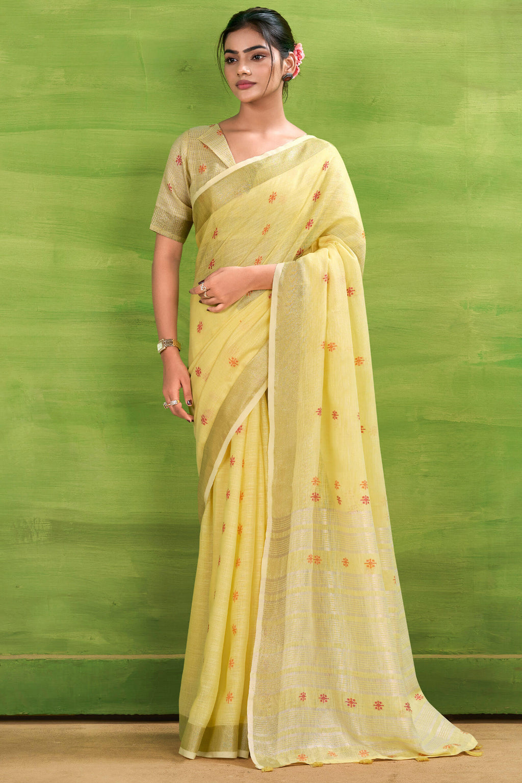 Sandy Yellow Linen Silk Saree