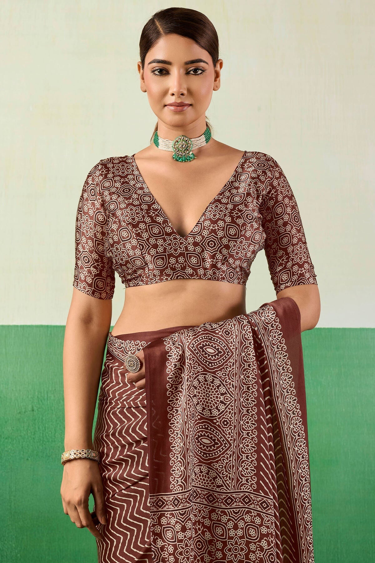 Sanguine Brown Ajrakh Printed Satin Silk Saree