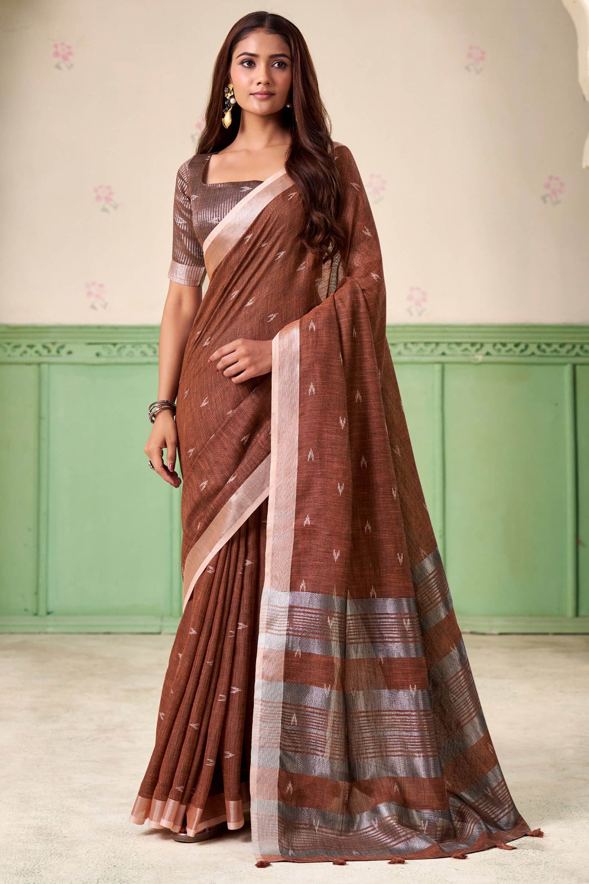 Sanguine Brown Linen Silk Saree