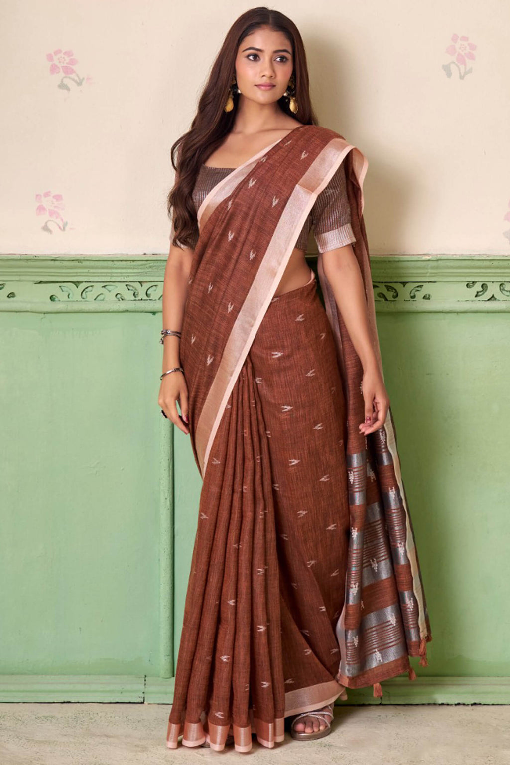 Sanguine Brown Linen Silk Saree