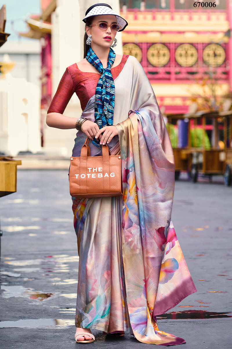 Santa Grey Printed Satin Crepe Silk Saree