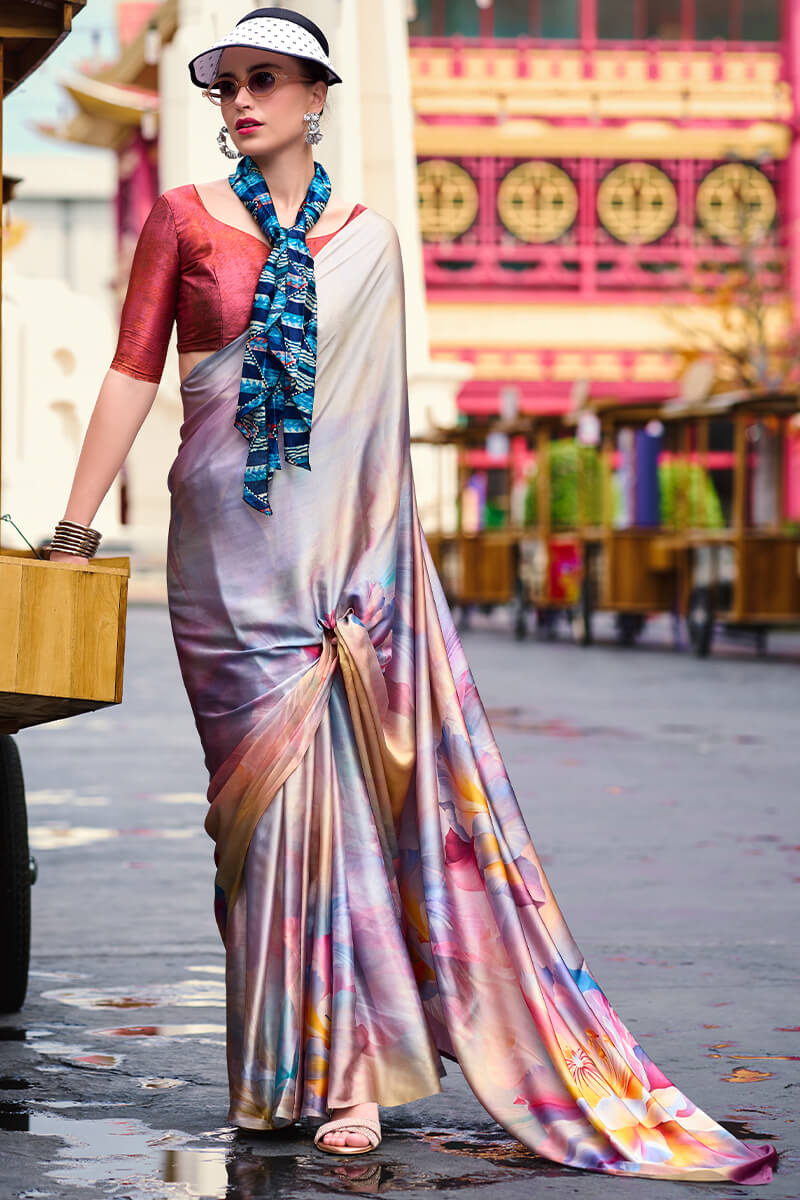 Santa Grey Printed Satin Crepe Silk Saree