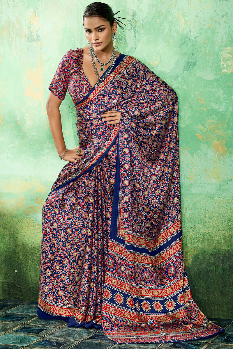 Sapphire Blue Ajrakh Printed Satin Silk Saree