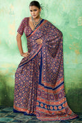 Sapphire Blue Ajrakh Printed Satin Silk Saree
