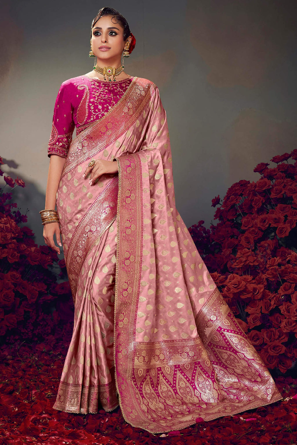 Sea Pink Banarasi Satin Silk Saree With Fancy Lace Border and Embroidery Blouse
