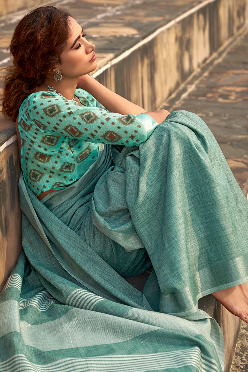 Sea Turtle Green Soft Linen Silk Saree