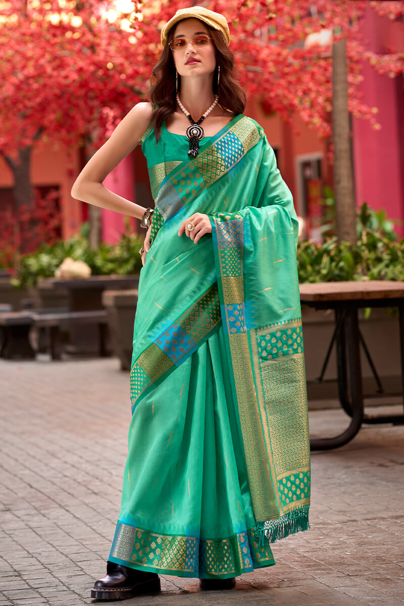 Seafoam Green Woven Soft Banarasi Silk Saree