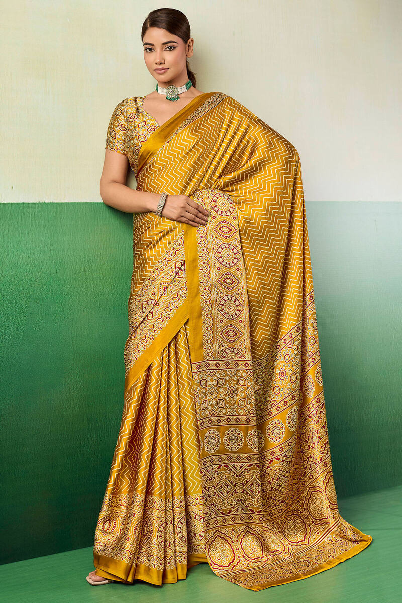 Selective Yellow Ajrakh Printed Satin Silk Saree