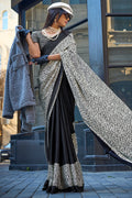 Sepia Black Printed Satin Silk Saree