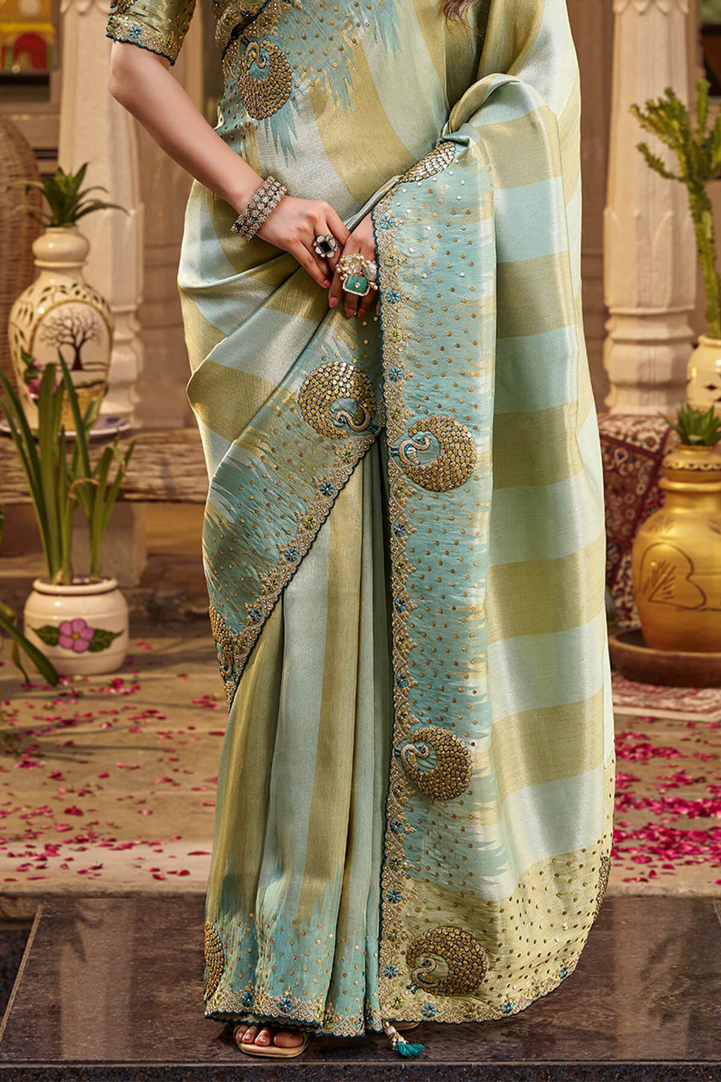 Shadow Green Hand Work Viscose Saree with Stiched Blouse