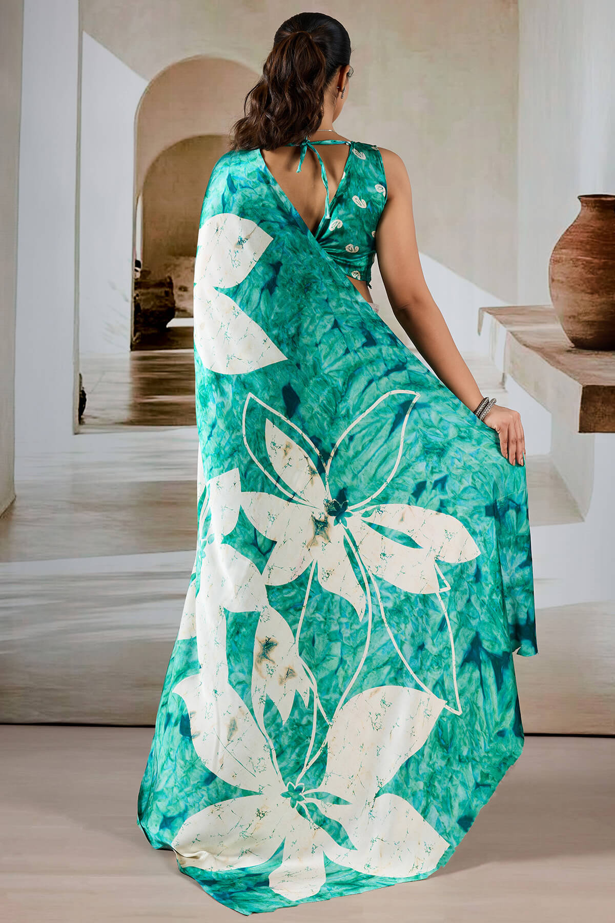 Shamrock Green Hand Prism Printed Satin Silk Saree