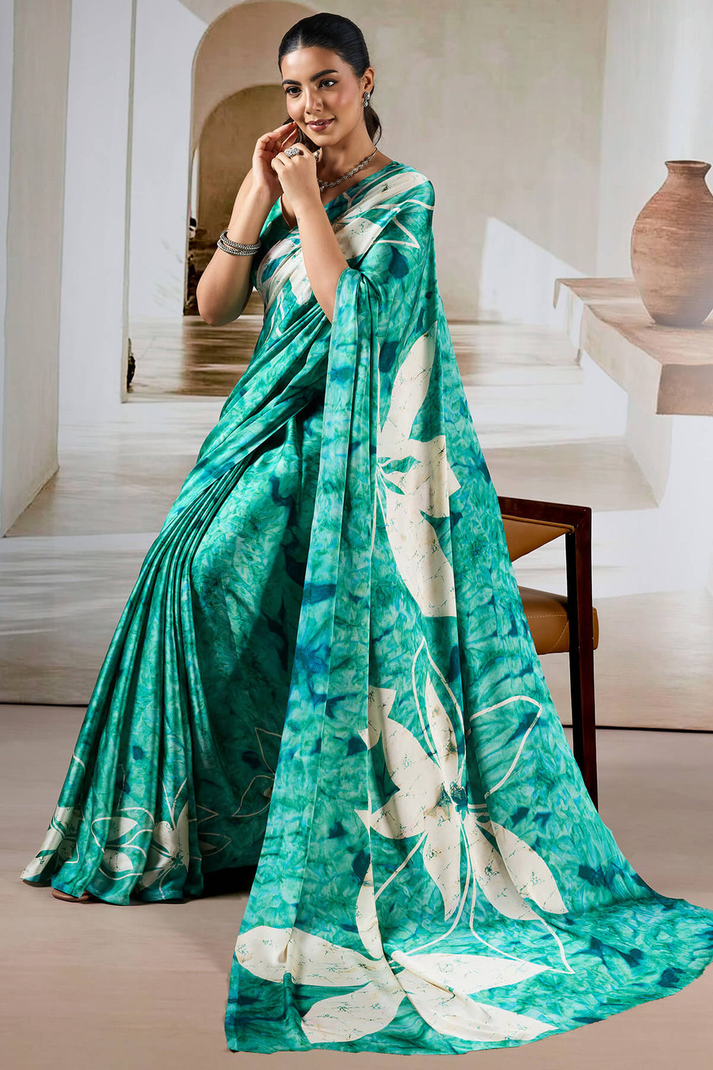 Shamrock Green Hand Prism Printed Satin Silk Saree