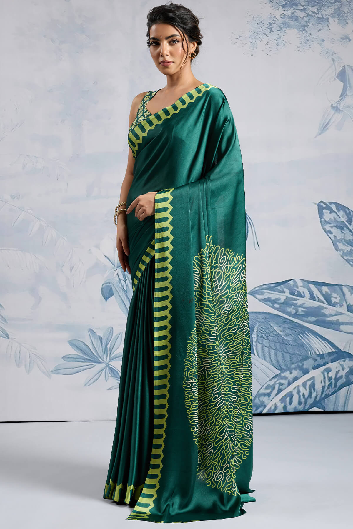 Sherwood Green Ajrakh Printed Satin Crepe Silk Saree