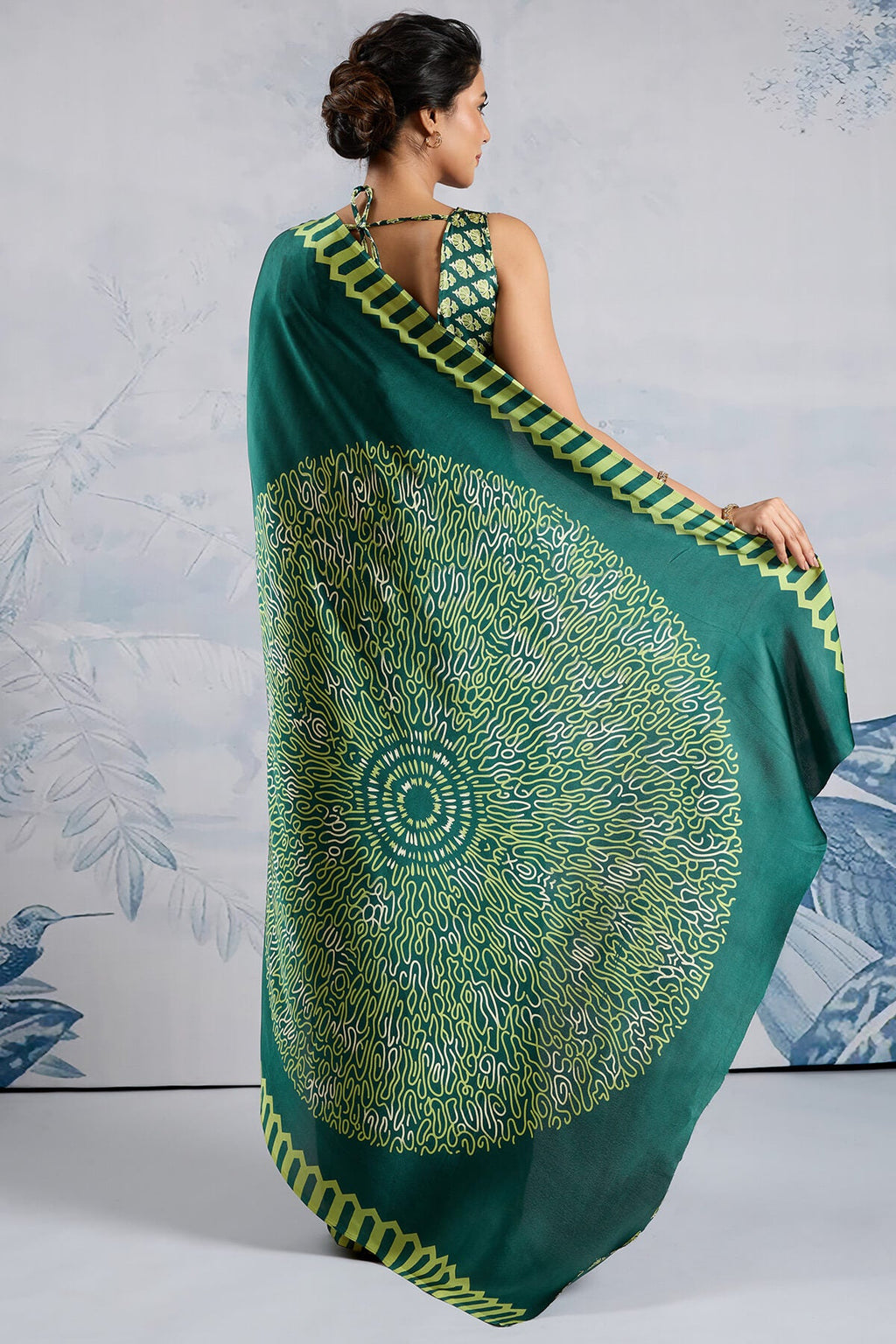 Sherwood Green Ajrakh Printed Satin Crepe Silk Saree