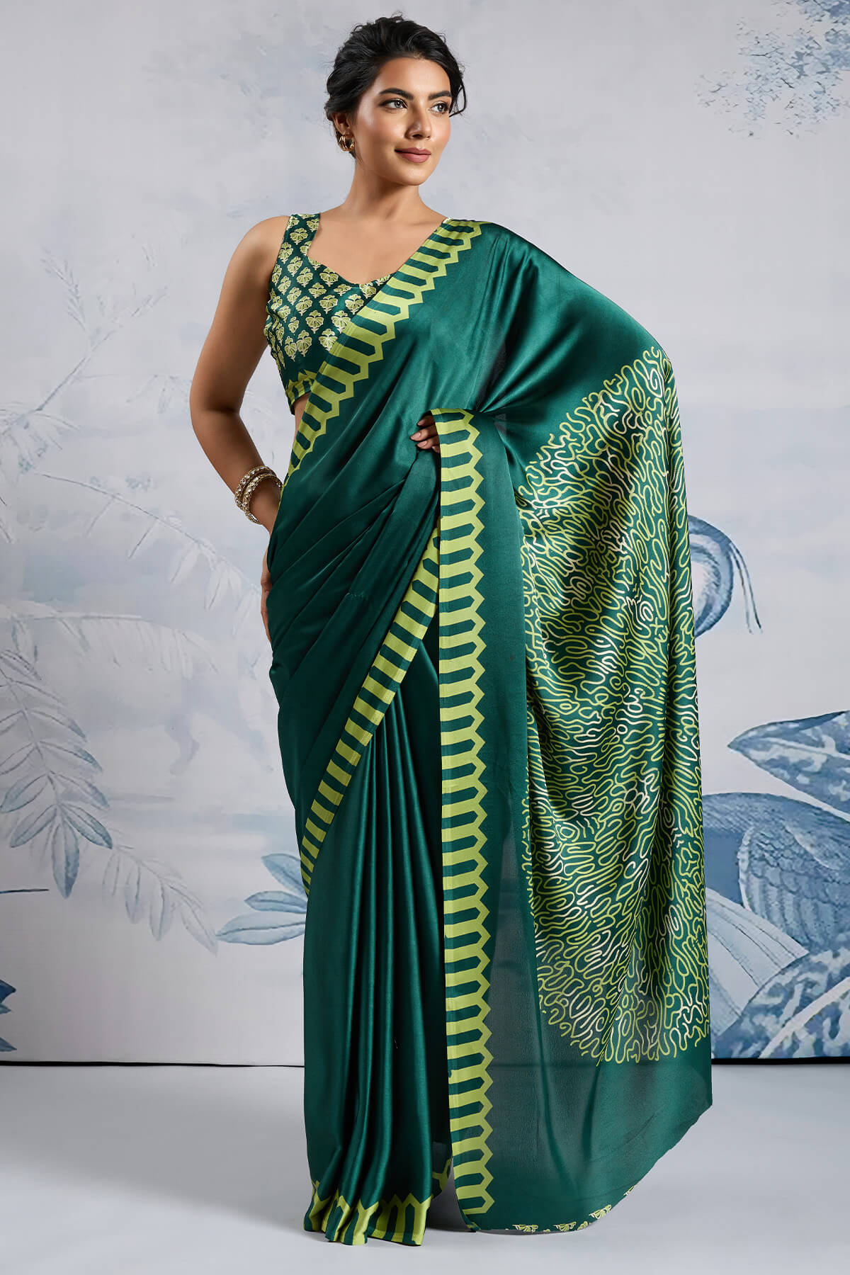Sherwood Green Ajrakh Printed Satin Crepe Silk Saree