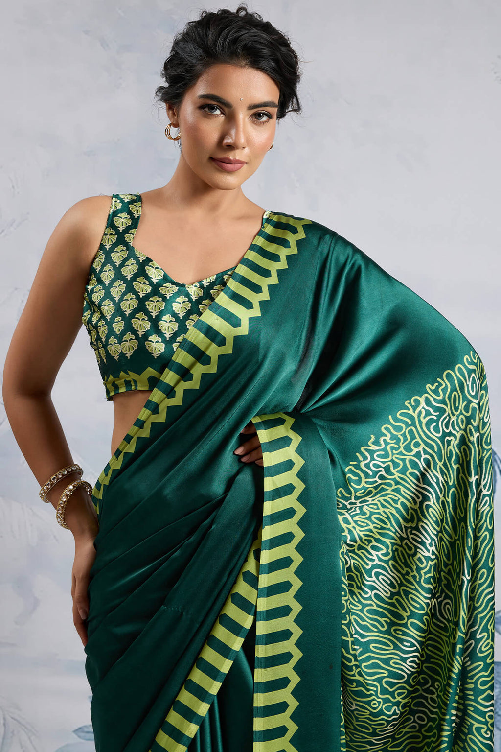 Sherwood Green Ajrakh Printed Satin Crepe Silk Saree