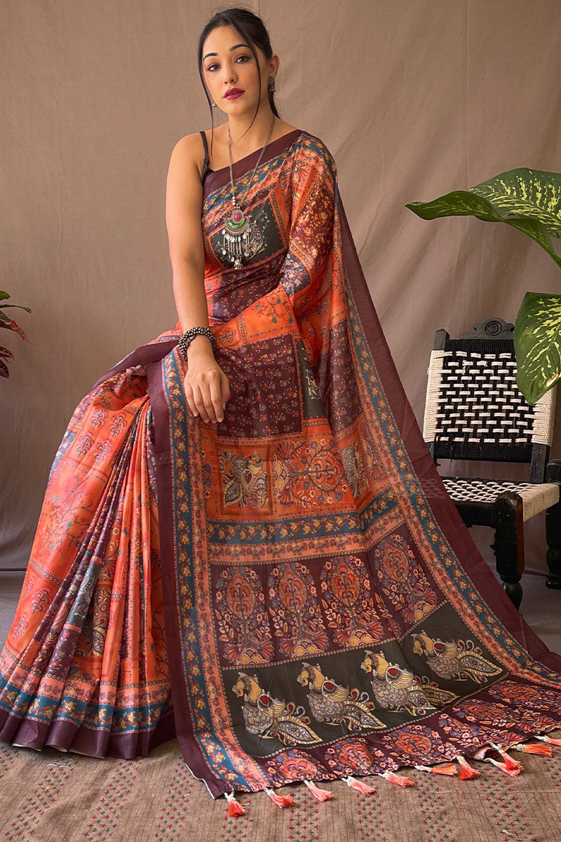 Shocking Orange Kalamkari Printed Cotton Saree