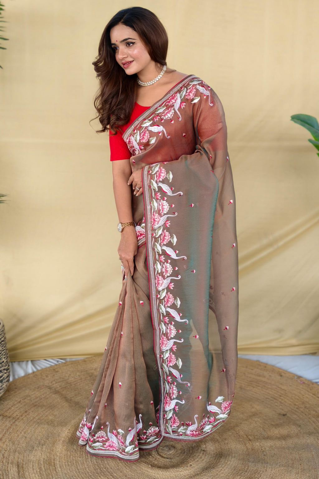 Shuttle Grey Embroiedery Work Two Tone Silk Saree