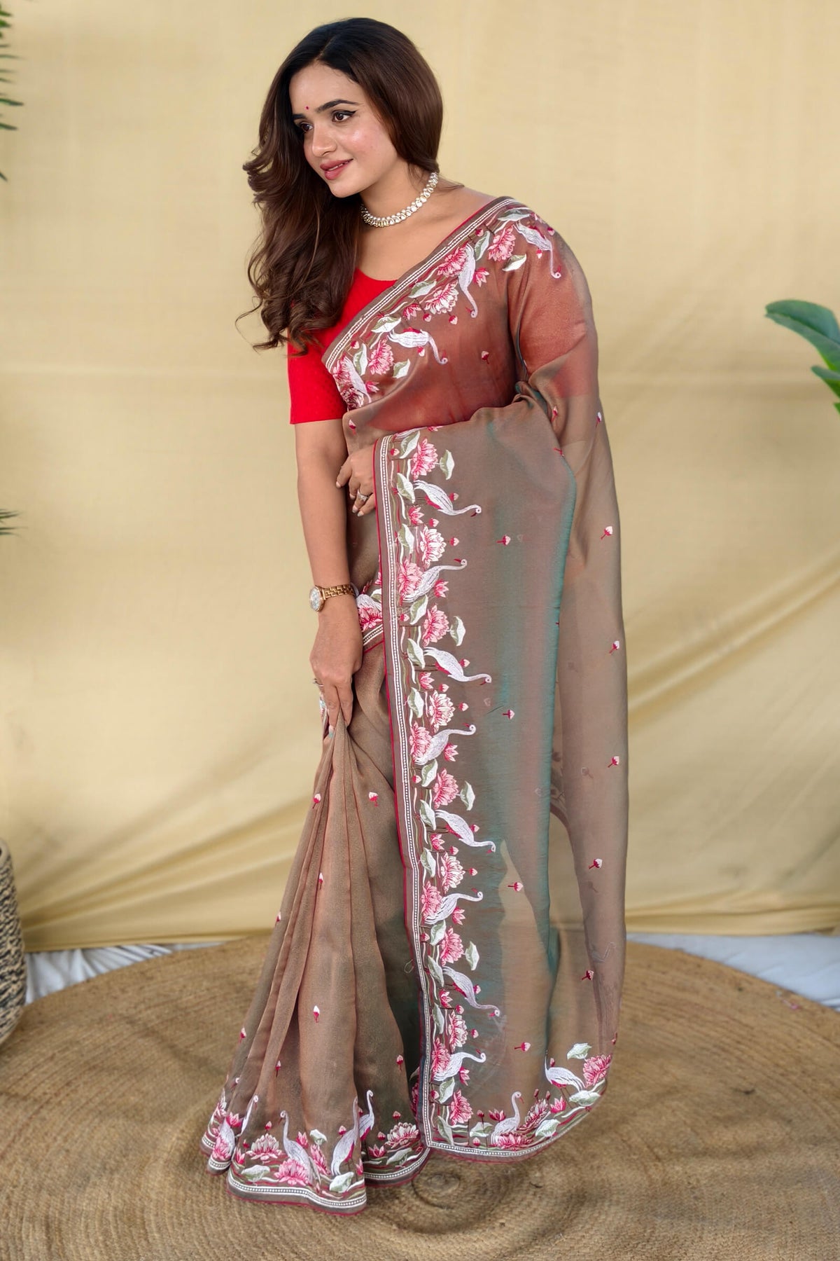 Shuttle Grey Embroiedery Work Two Tone Silk Saree