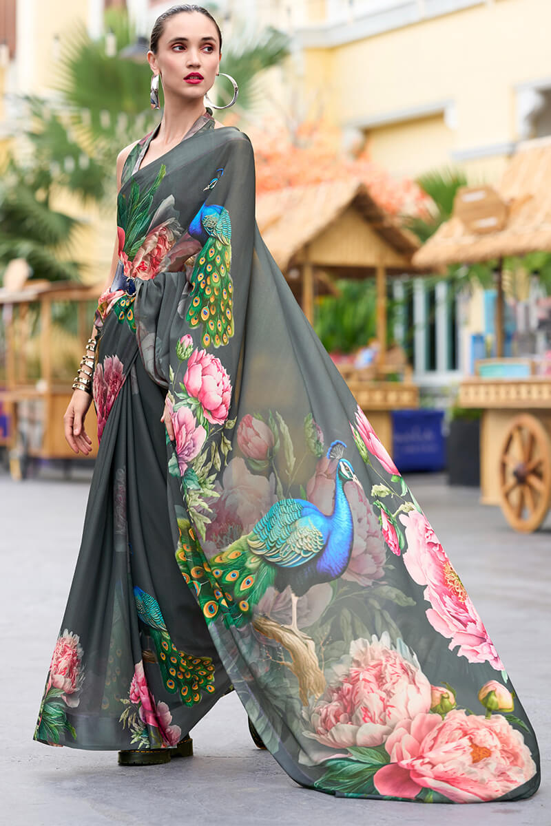 Shuttle Grey Printed Georgette Silk Saree