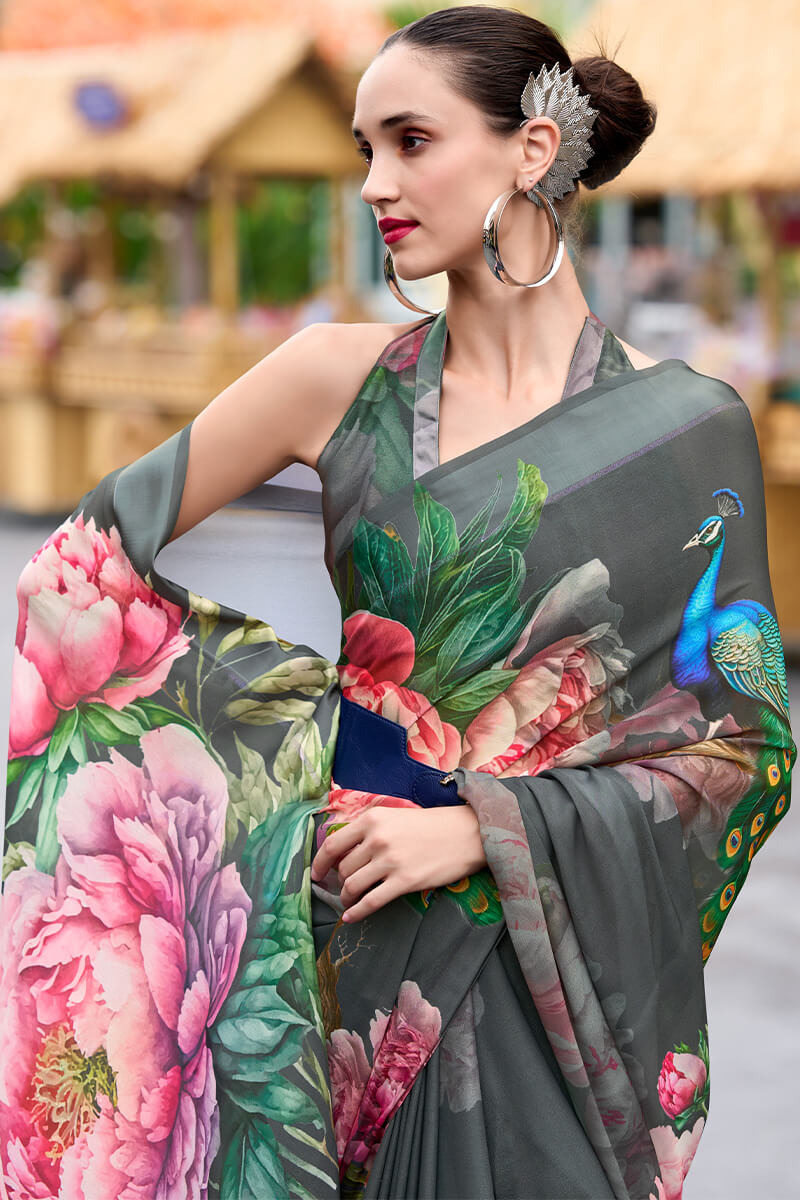 Shuttle Grey Printed Georgette Silk Saree