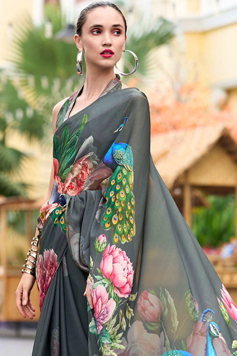 Shuttle Grey Printed Georgette Silk Saree
