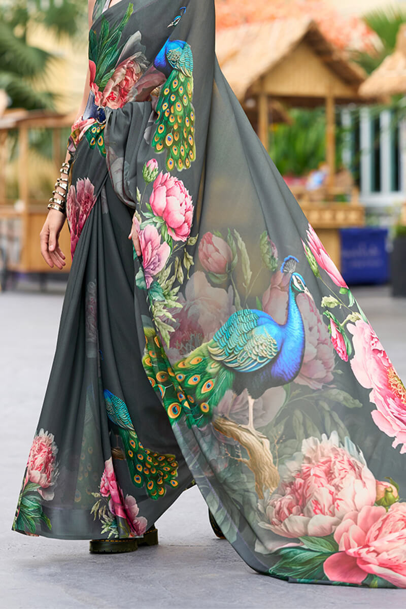 Shuttle Grey Printed Georgette Silk Saree