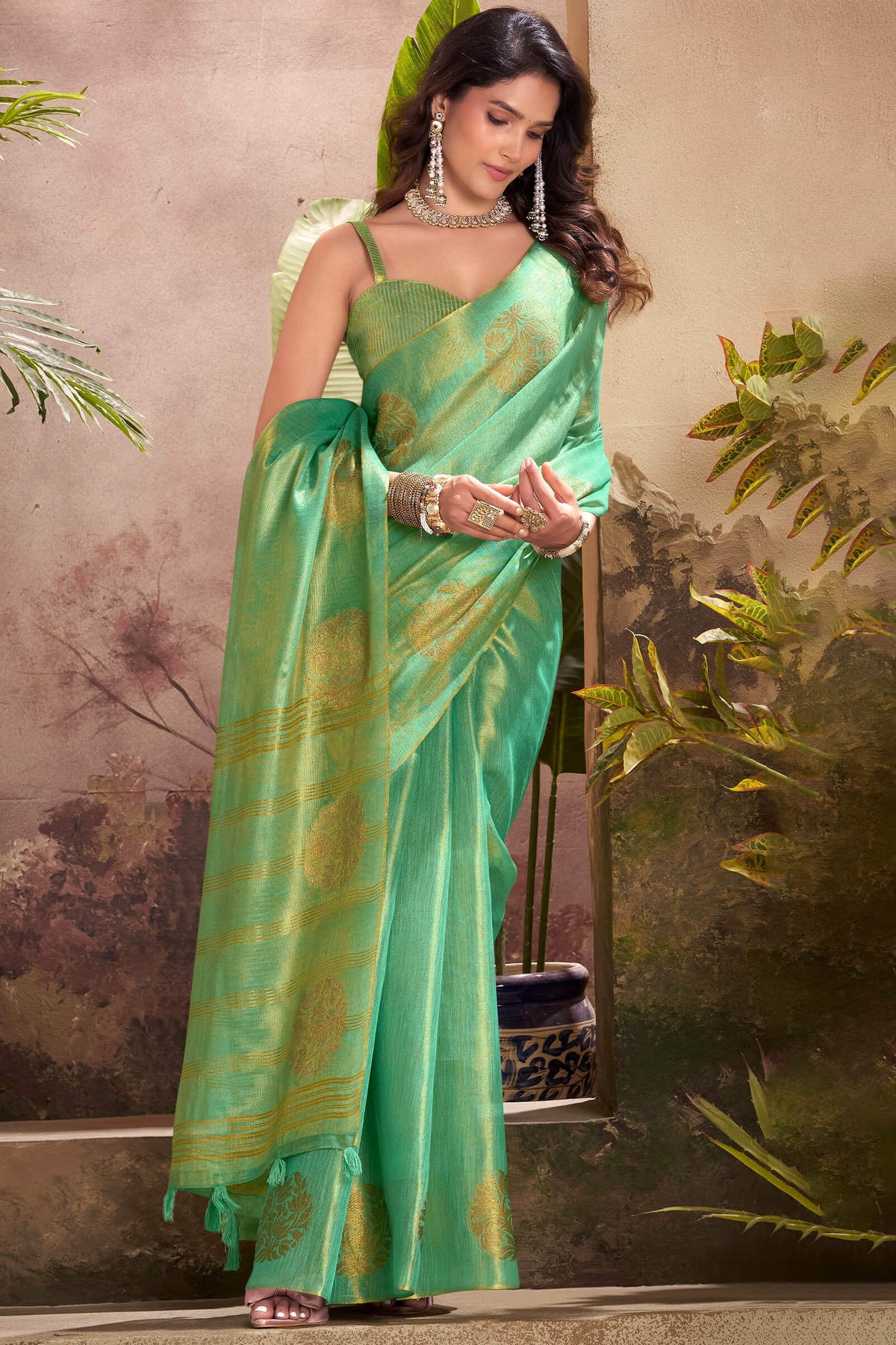 Slate Green Tissue Silk Saree