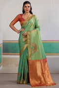 Slate Green Zari Woven Banarasi Silk Saree