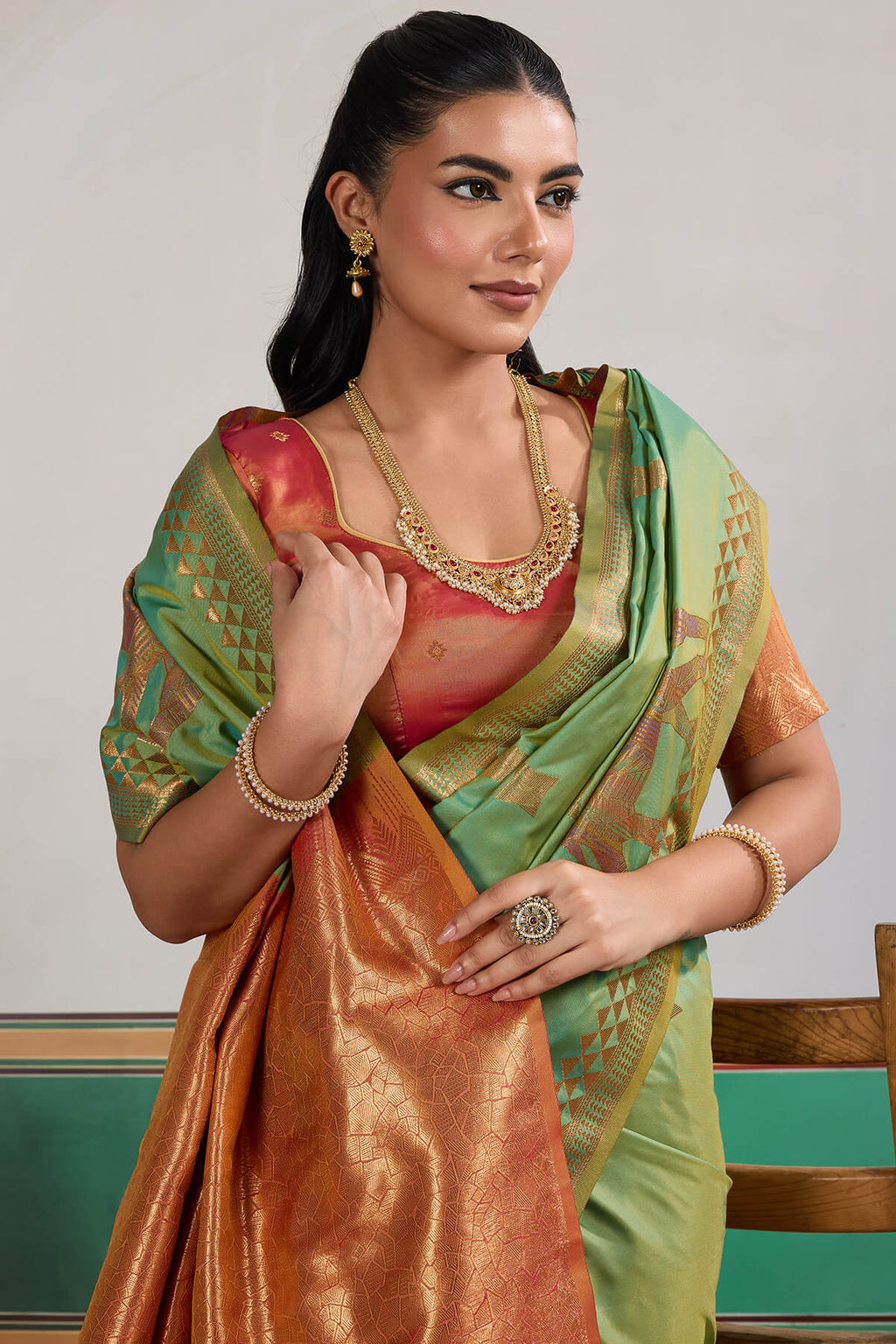 Slate Green Zari Woven Banarasi Silk Saree