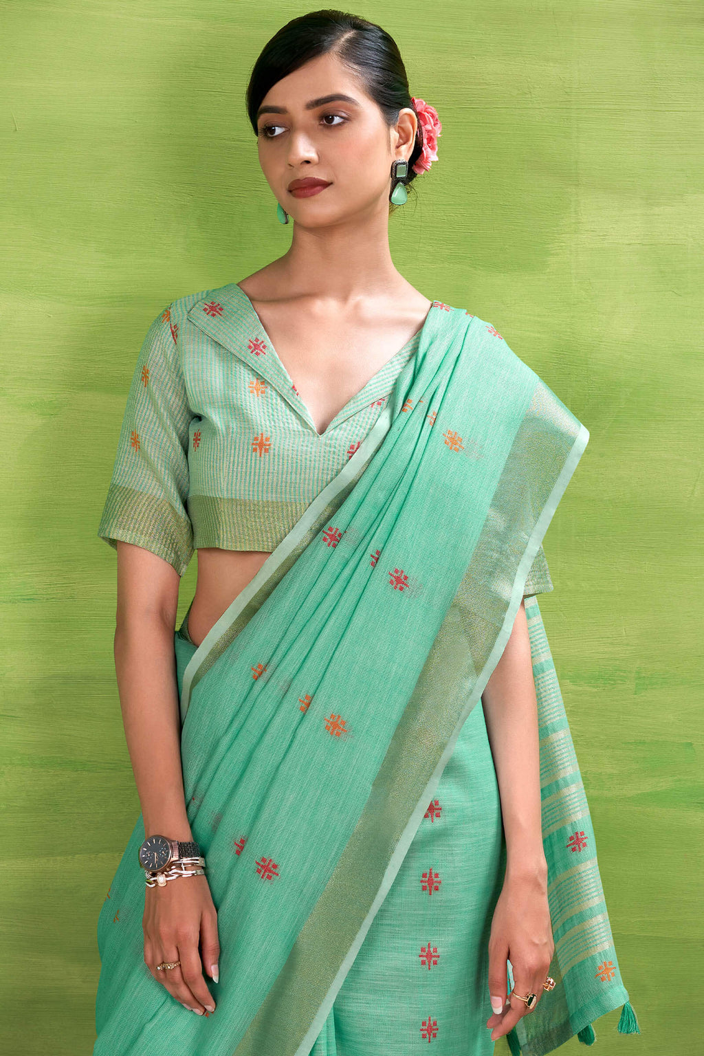 Soft Green Linen Silk Saree