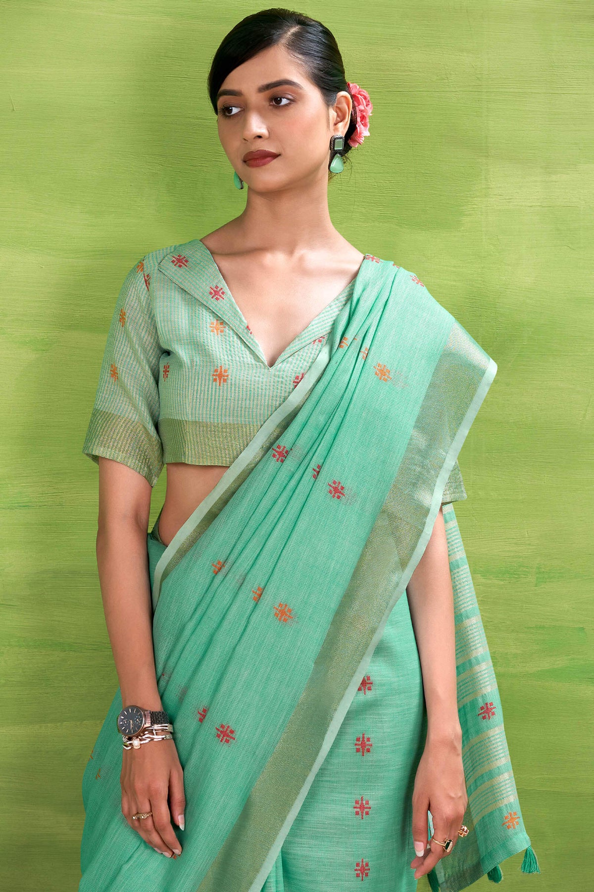 Soft Green Linen Silk Saree