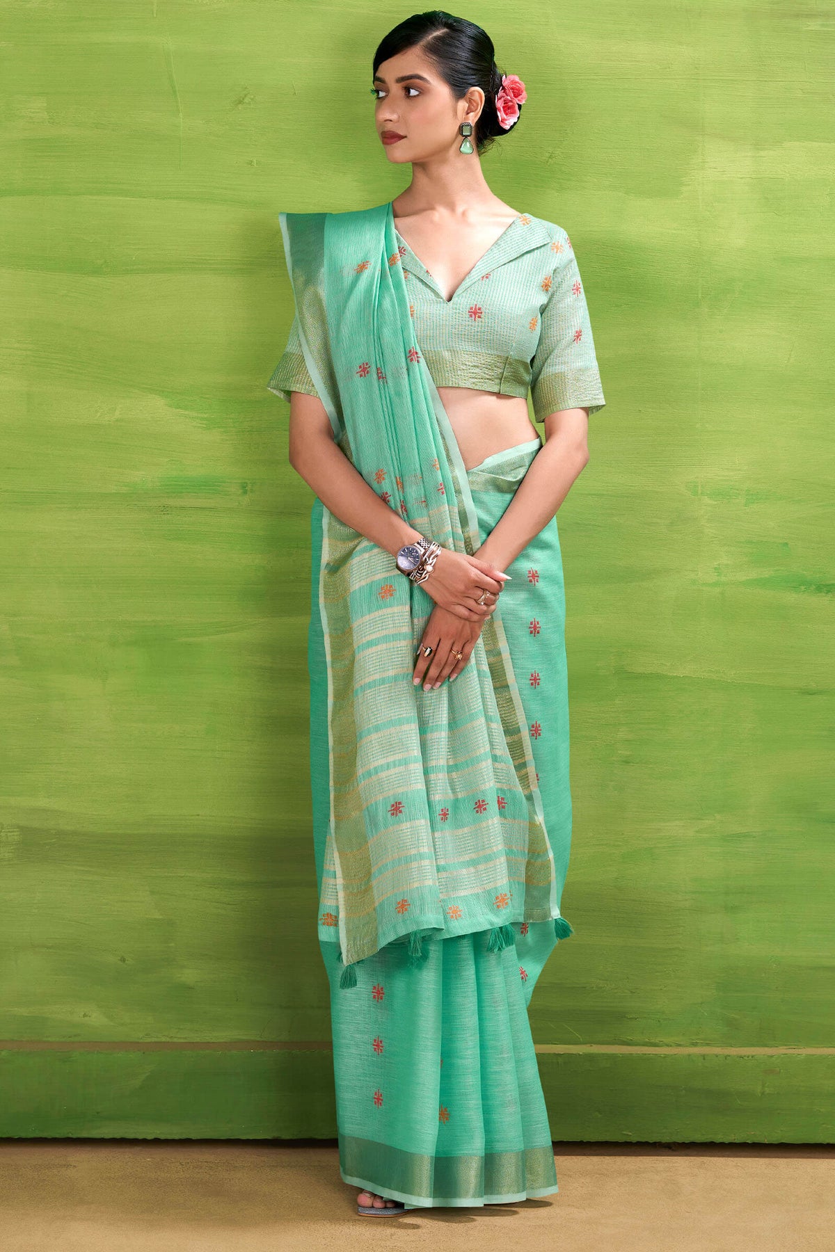 Soft Green Linen Silk Saree