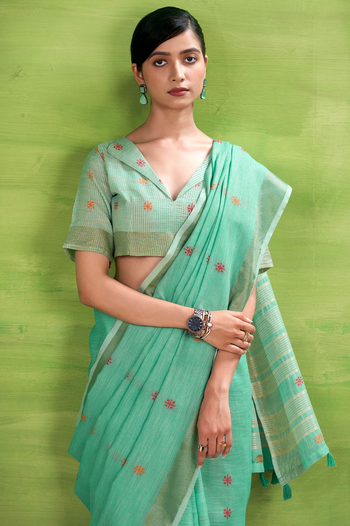 Soft Green Linen Silk Saree