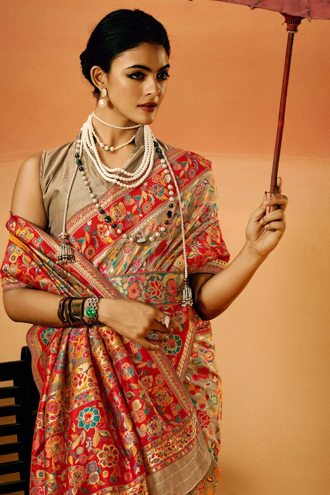 Sorrell Brown Kashmiri Modal Pashmina Silk Saree