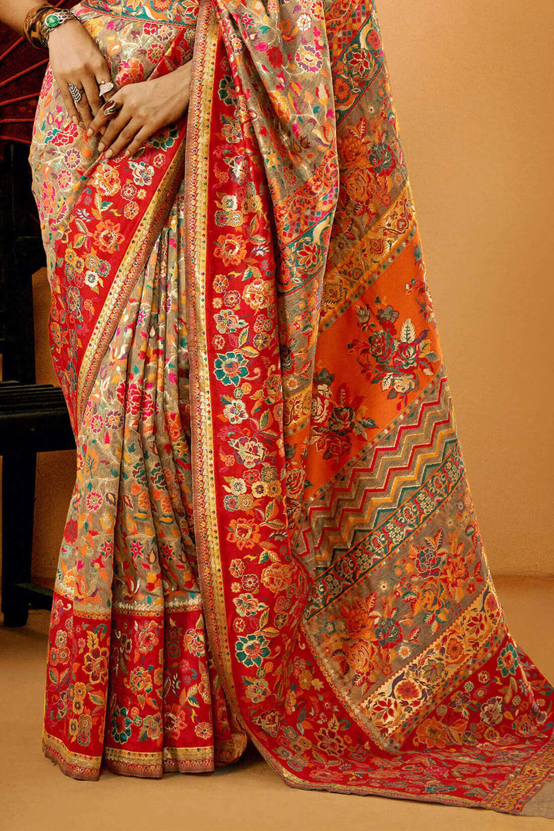 Sorrell Brown Kashmiri Modal Pashmina Silk Saree