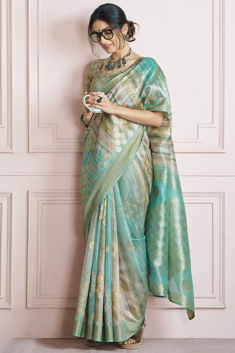 Spanish Green Digital Printed Khadi Silk Saree